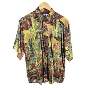 Vintage Wayne Scott Shirt Mens Small Multicolor Abstract Rayon Button Up 90s